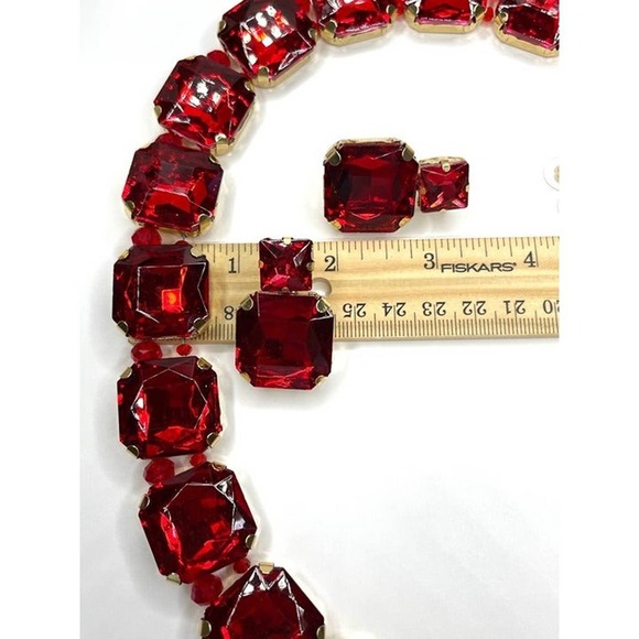NEW Necklace Earrings Red Rhinestone Jewelry Set 16" 18" 20" Choker Chunky M - Picture 6 of 7